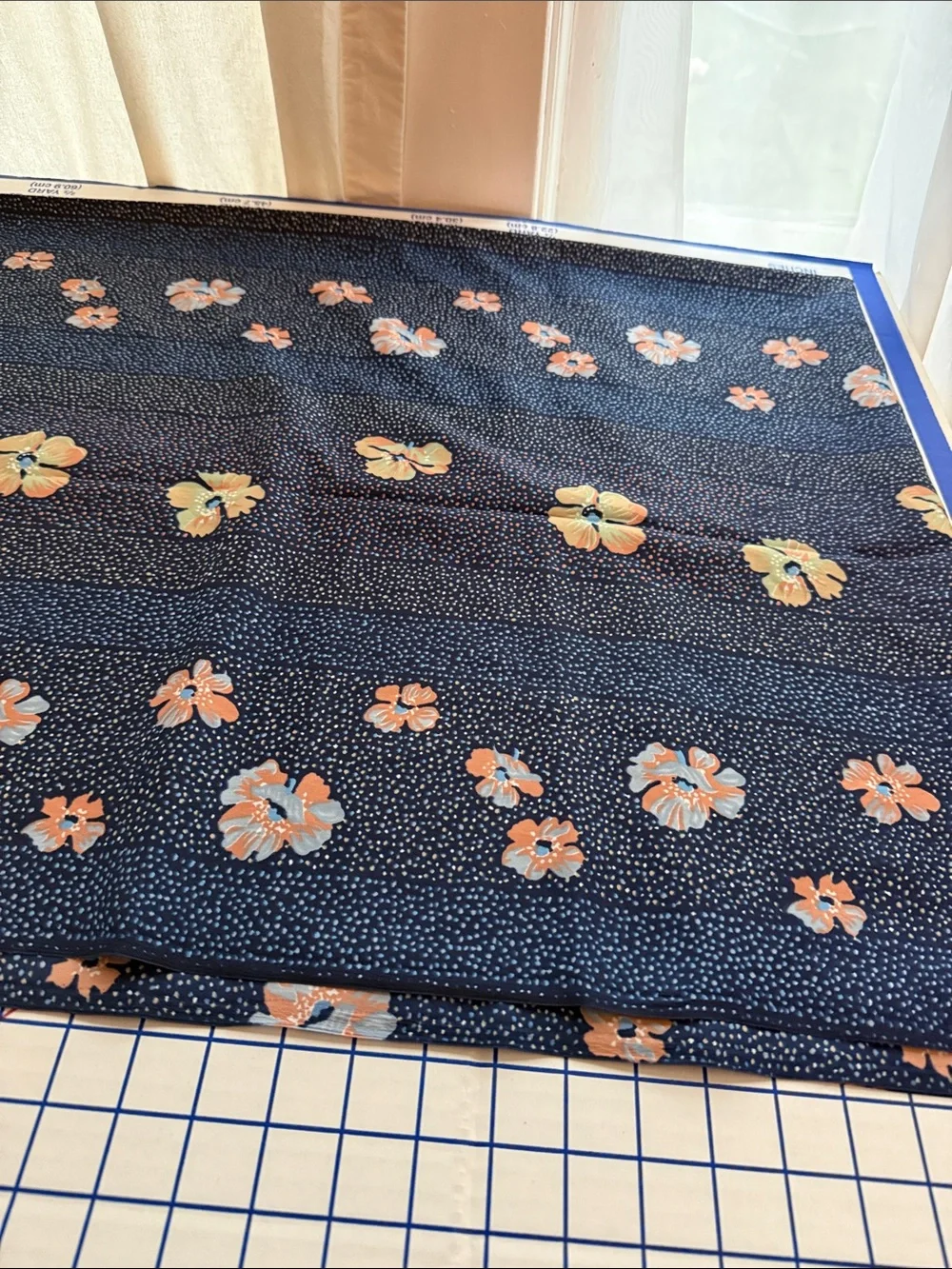 Vintage 1980s Floral Dot Stripe Fabric Navy Peach Blue 5 Yards x 44” Apparel